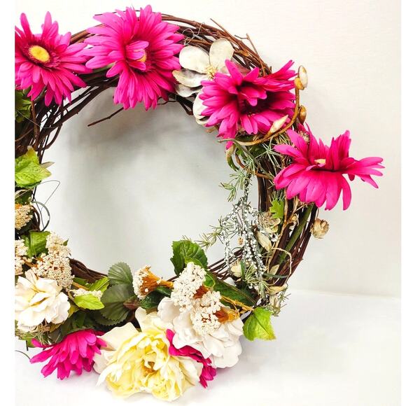 Everyday Spring Summer Artificial Front Door Grapevine Wreath 15" Chiffon, Daisy - Picture 5 of 9